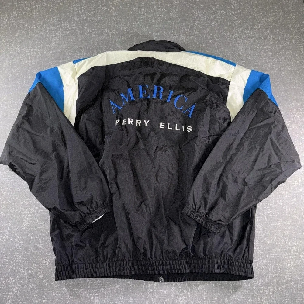 Perry Ellis America Jacket Mens XL Black Nylon Windbreaker Patriotic Logo